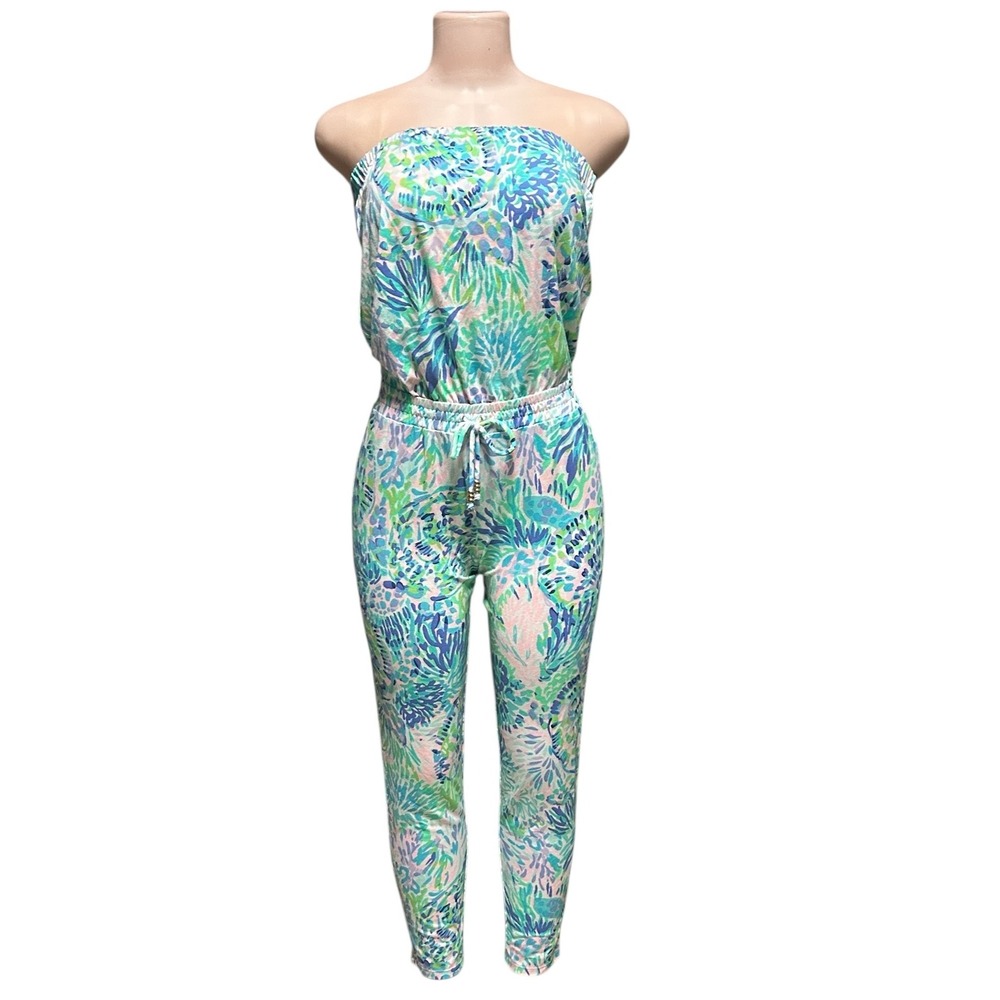 Lilly Pulitzer Jumpsuit Strapless Drawstring Waist Blue Green Pattern XS